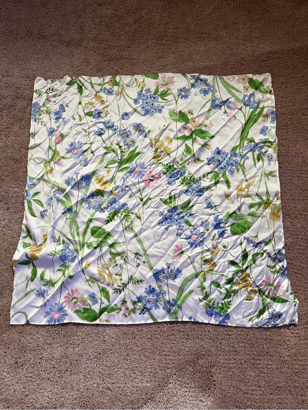 Floral New  Meadow Silk Scarf in Blue, Green & Pink
